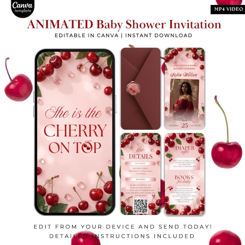 Invitación en video para baby shower con diseño de cereza, invitación "Ella es la cereza en la cima", invitación para baby shower en rojo, invitación animada editable en Canva para niña. imagen 1