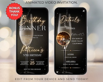 Digital Birthday Dinner Invitation Editable Template Animated Video Dinner Party Invite Black and Gold Instant Download Phone Evite 452