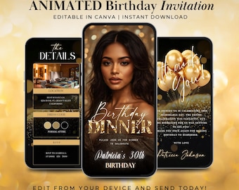 Luxury Black and Gold Birthday Invitation Video | Editable Canva Evite for Women’s 30th 40th 50th Dinner Party | Digital Template