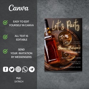Puede incluir: Una invitaci&oacute;n a una fiesta de cumplea&ntilde;os para un 35&ordm; cumplea&ntilde;os con una botella de whisky y vasos sobre un barril de madera. La invitaci&oacute;n dice "Let's Party" e incluye el nombre "Braian Johnson's" y la fecha "Oct 24th - Oct 26th".