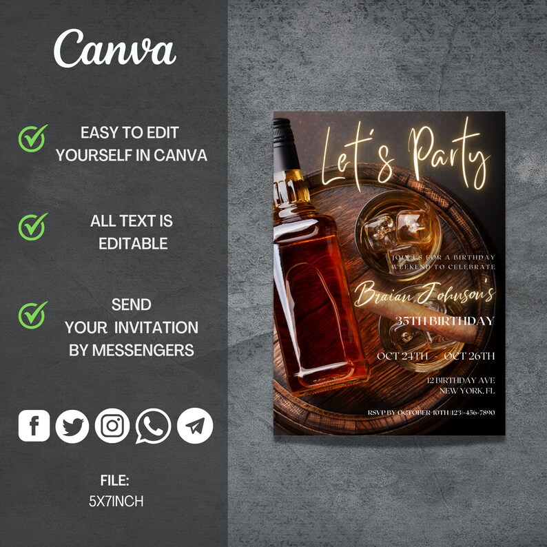 Puede incluir: Una invitaci&oacute;n a una fiesta de cumplea&ntilde;os para un 35&ordm; cumplea&ntilde;os con una botella de whisky y vasos sobre un barril de madera. La invitaci&oacute;n dice "Let's Party" e incluye el nombre "Braian Johnson's" y la fecha "Oct 24th - Oct 26th".