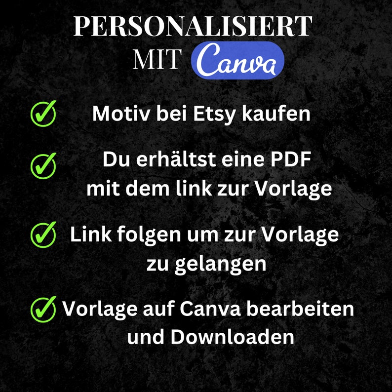 Puede incluir: Una marca de verificaci&oacute;n verde junto a cada paso de un proceso de cuatro pasos para personalizar un dise&ntilde;o usando Canva. Los pasos son: 1. Comprar el dise&ntilde;o en Etsy, 2. Recibir un PDF con un enlace a la plantilla, 3. Seguir el enlace para acceder a la plantilla, y 4. Editar y descargar la plantilla en Canva.
