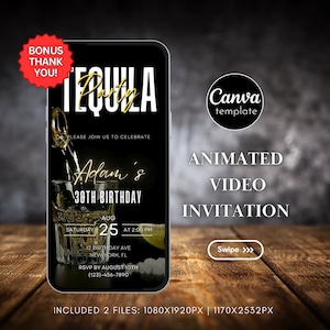 May include: A black and gold animated video invitation for a Tequila party celebrating Adam's 30th birthday. The invitation features a shot glass with tequila and a lime wedge. The text on the invitation reads "Tequila Party", "Adam's 30th Birthday", "Saturday August 25 at 2:00 PM", "12 Birthday Ave New York, FL", "RSVP by August 10th (123)-456-7890".