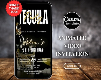 May include: A black and gold animated video invitation for a Tequila party celebrating Adam's 30th birthday. The invitation features a shot glass with tequila and a lime wedge. The text on the invitation reads "Tequila Party", "Adam's 30th Birthday", "Saturday August 25 at 2:00 PM", "12 Birthday Ave New York, FL", "RSVP by August 10th (123)-456-7890".