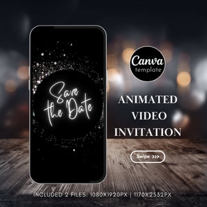 Digital Black Silver Neon Save the Date Animated Video Invitation for Woman Minimalist Save The Date Instant Download Editable Template147