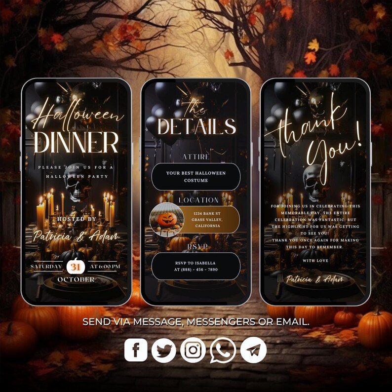 May include: A Halloween dinner invitation with a black and gold design. The invitation features a skull, candles, and a pumpkin. The text reads "Halloween Dinner", "Please join us for a Halloween party", "Hosted by Patricia & Adan", "Saturday 31 at 6:00 PM October", "The Details", "Attire", "Your best Halloween costume", "Location", "1234 Bank St Grass Valley, California", "RSVP", "RSVP to Isabella at (855)-456-7890", "Thank You!", "For joining us in celebrating this memorable day. The entire celebration was fantastic but the highlight for us was getting to see you! Thank you once again for making this day to remember. With love, Patricia & Adan".