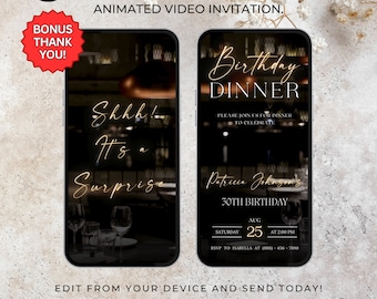 Surprise Birthday Dinner Invitation, Digital Party Invite Video, Animated Birthday Party Invite, Shhh it's a Surprise Editable Template 510