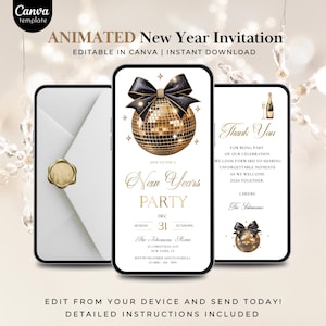 Peut inclure: Une invitation animée pour le Nouvel An, avec une boule disco dorée et un nœud noir, affichée sur un smartphone. Le design comprend le texte "New Years Party" et "Thank You" avec les détails de l'événement. Modifiable dans Canva, téléchargement instantané.