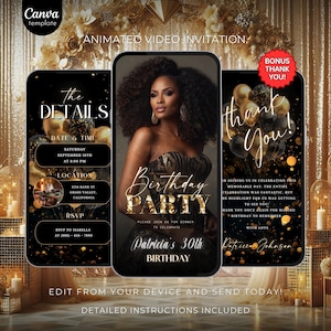Editable Birthday Invitation Template Black Gold Birthday invite for girls Birthday party Invitation with photo Animated Video Invite