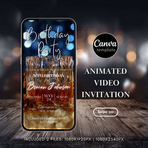 Animated Whiskey Digital Surprise Party Video Invitation Template for Men Birthday Editable Whiskey Birthday Invite Adult Birthday Evite 54