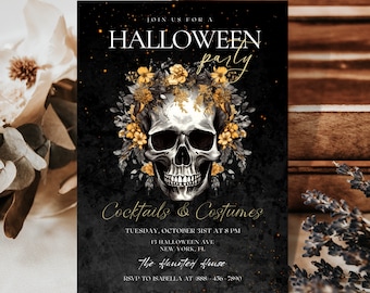 Editable Halloween Party Invitation for Adults Halloween Costume Party Invite Gothic Skull Invitation Template Printable Halloween Invite