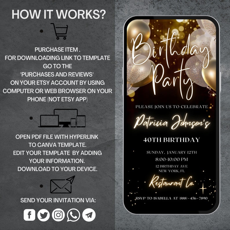 Editable Black and Gold Birthday Party Invitation Template Digital ...