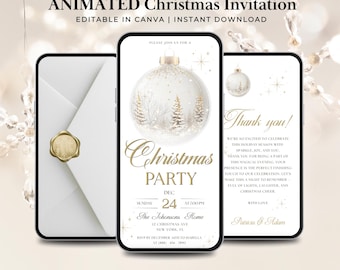 Elegant Animated Christmas Party Invitation Template, White and Gold Holiday Evite, Digital Canva Christmas Card, Instant Download