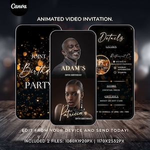 Editable Adult Joint Birthday Party Invitation, Double Birthday Party Invite, Black Gold invite video template, Instant Download 505