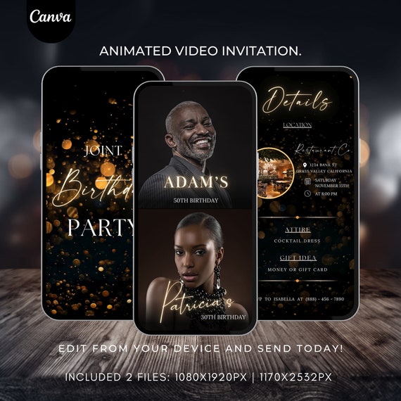 Editable Adult Joint Birthday Party Invitation, Double Birthday Party Invite, Black Gold invite video template, Instant Download 505