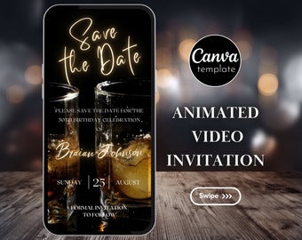 Invito di compleanno a tema whisky per uomo Invito digitale per festa a sorpresa animata di compleanno Modello video modificabile whisky 42
