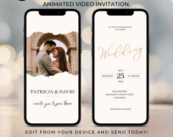 Plantilla de invitación de boda Invitación de vídeo con foto Invitación de boda minimalista animada Descarga instantánea Texto de invitación de teléfono digital