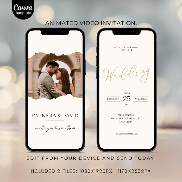 Hochzeitseinladungsvorlage, Videoeinladung mit Foto, animierte minimalistische Hochzeitseinladung, sofortiger Download, digitaler Telefoneinladungstext