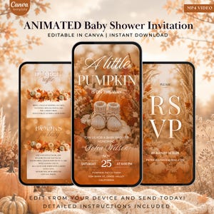 Può includere: Tre schermi di smartphone che mostrano un modello di invito animato per baby shower a tema autunnale. Gli schermi presentano testi come A little PUMPKIN IS ON THE WAY, DIAPER raffle, BOOKS for baby e RSVP su uno sfondo con zucche arancioni.