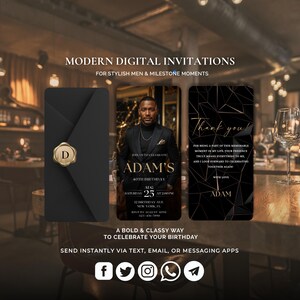 Invito di compleanno di lusso nero e oro per uomo / Invito animato Canva Evite / Video di invito digitale modificabile per feste di 30°, 40° e 50° compleanno immagine 3