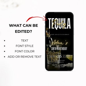 Op de afbeelding: Een digitale uitnodiging in zwart en goud voor een Tequila-feest ter ere van Adams 30e verjaardag. De uitnodiging bevat de datum, tijd en locatie van het feest. Het bevat ook de tekst "RSVP v&oacute;&oacute;r 10 augustus (123)-456-7890".