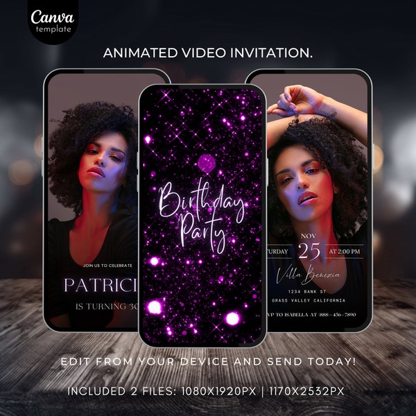 Editable Birthday Invitation Template Purple Birthday invite for girls Birthday party Invitation with photo Animated Video Invite 407