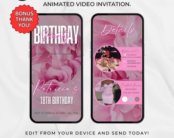 Digital inbjudan till födelsedagsmiddag, redigerbar mall för videoinbjudan till födelsedagsfest, text, videoinbjudan till födelsedagsfest, text evite 512