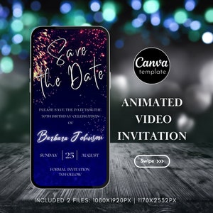 Editable Birthday Invitation Template Digital Birthday Invite Blue Neon Save the Date Animated Video Invitation Template Electronic Invite60