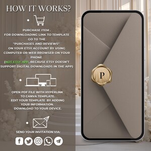 May include: A smartphone displays a digital invitation design. The screen shows a taupe envelope with a gold wax seal bearing the letter "P". Instructions on the left detail the download process, including using a computer or web browser.