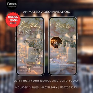 Könnte beinhalten: Animierte Videoeinladung zu einem 50. Geburtstagsessen. Die Einladung ist in Gold und Weiß gehalten und hat ein florales Thema. Der Text auf der Einladung lautet "Geburtstagsessen" und "50. Geburtstag von Patricia Johnson". Die Einladung enthält auch Details zur Veranstaltung, wie Datum, Uhrzeit, Ort und Kleidung.