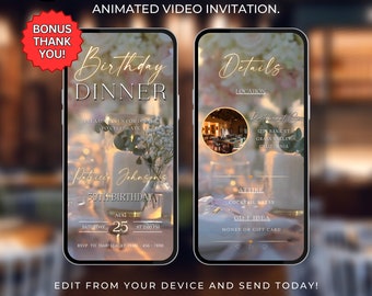 Videoinbjudan till födelsedagsmiddag Redigerbar mall Animerad digital födelsedagsmiddagsinbjudan för födelsedagsfest Nedladdningsbar text evite 544
