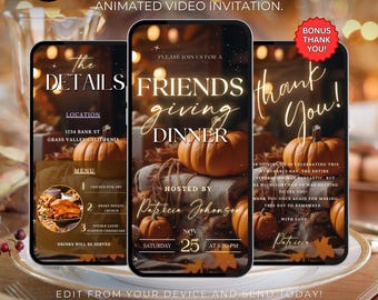 Digital Friendsgiving Dinner Invitation, Fall Party Video Invite, Cozy Thanksgiving Dinner Party Evite, Self Editable DIY Itinerary Template