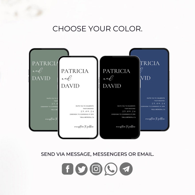 May include: Three different phone screen mockups showing a wedding invitation with the names Patricia and David, the date 23.09.24, and the location Villa Benezia, CA. The phone screens are in green, black, and blue.