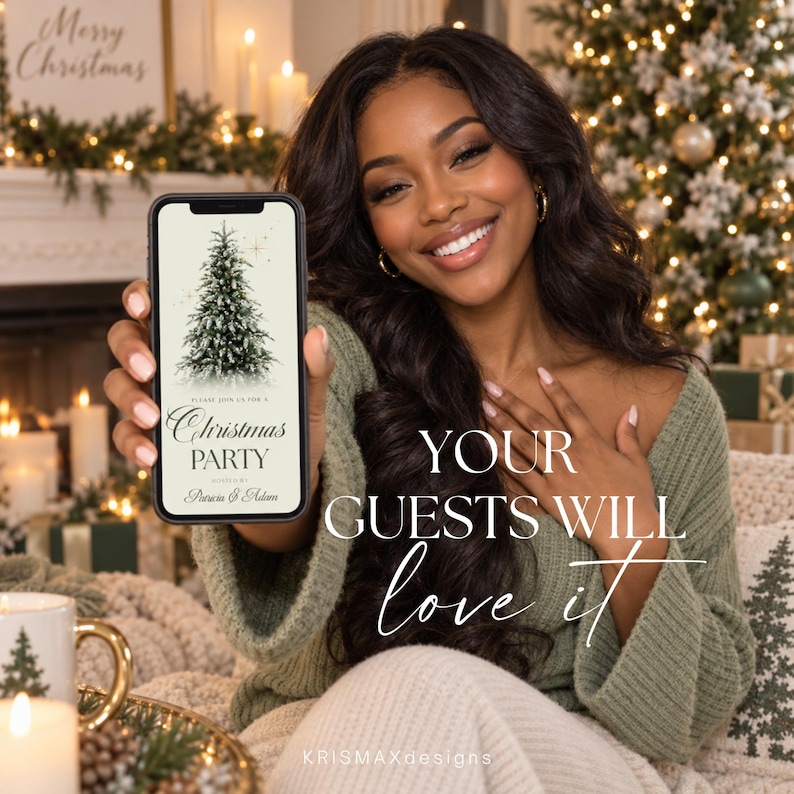 May include: A smartphone displaying a digital Christmas party invitation featuring a green pine tree illustration and the text: Please join us for a Christmas PARTY hosted by Patricia & Adam. The screen has a light cream background with gold accents.