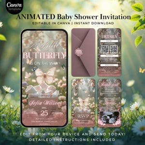 Può includere: Un modello di invito animato per baby shower a tema farfalla. Il design include uno schermo del telefono con i dettagli dell'evento, una busta e biglietti con codici QR e messaggi di ringraziamento. La combinazione di colori è rosa tenue e bianco.