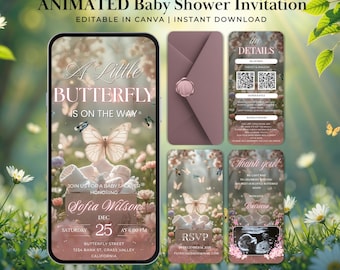 May include: An animated baby shower invitation template with a butterfly theme. The design includes a phone screen with event details, an envelope, and cards with QR codes and thank you messages. The color scheme is soft pink and white.