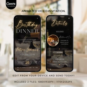 Editable Birthday Party Invitation Template Digital Black and Gold Birthday Dinner invite Instant Download Animated Video Invite Phone Evite