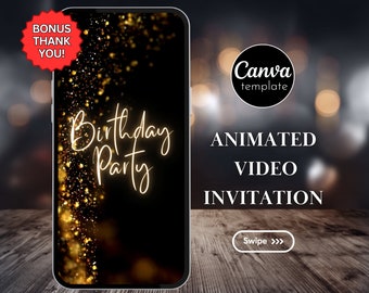 Bewerkbare verjaardagsuitnodiging sjabloon Zwart en goud Verjaardagsuitnodiging voor meisjes Verjaardagsfeestje Geanimeerde video-uitnodiging Mobiele uitnodiging 201