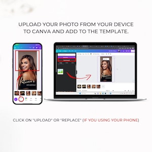 May include: A screenshot of a computer screen showing a Canva template with a photo placeholder. The template is for a birthday card and includes the text "Patricia's 30th Birthday".