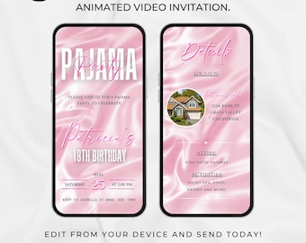 Birthday pajama Party Digital Invitation, animated Pajama Party Invite, pjs party email and text invitation, Adult Slumber Party 509