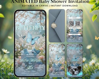 Animowane zaproszenie na baby shower z motylem, Mały motylek w drodze, Edytowalne zaproszenie wideo Canva, Cyfrowe zaproszenie