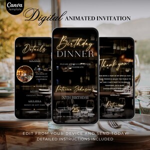Elegant Black and Gold Animated Birthday Dinner Invitation, Editable Canva Video Template, Digital Milestone Party Invite, Instant Download