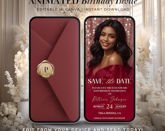 Plantilla de video de invitación animada para guardar la fecha de cumpleaños en color burdeos, tarjeta de invitación digital elegante de Canva para ella, descarga instantánea editable