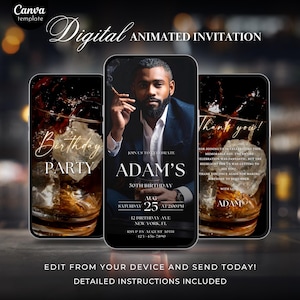 Animated Birthday Dinner Invitation, DIY Template Design, Men&#39;s Party Video Invite, Premade Gold Party Celebration Event Digital Einvite