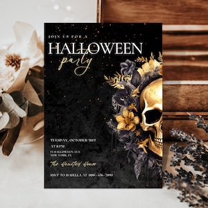Invitación editable a fiesta de Halloween para adultos Invitación a fiesta de disfraces de Halloween Plantilla de invitación de calavera gótica Invitación de Halloween imprimible
