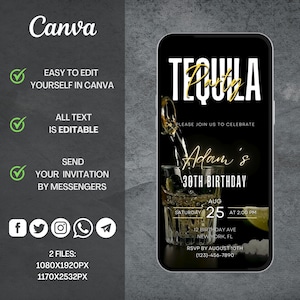 Op de afbeelding: Een digitale uitnodiging in zwart en goud voor een Tequila-feest om de 30e verjaardag van Adam te vieren. De uitnodiging bevat de datum, tijd en locatie van het feest. RSVP v&oacute;&oacute;r 10 augustus. (123)-456-7890