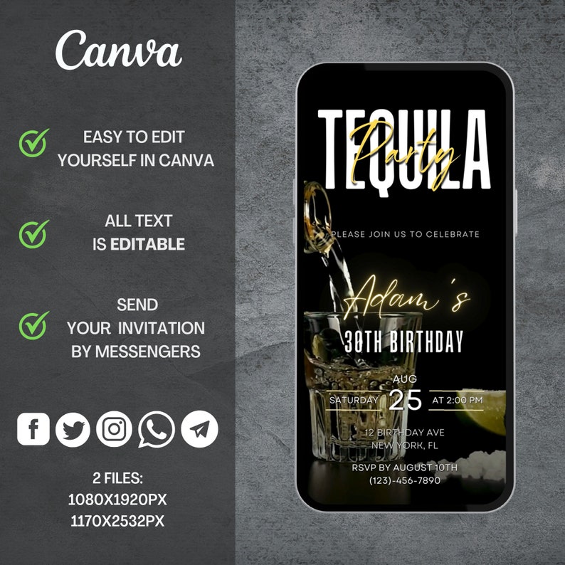 Op de afbeelding: Een digitale uitnodiging in zwart en goud voor een Tequila-feest om de 30e verjaardag van Adam te vieren. De uitnodiging bevat de datum, tijd en locatie van het feest. RSVP v&oacute;&oacute;r 10 augustus. (123)-456-7890