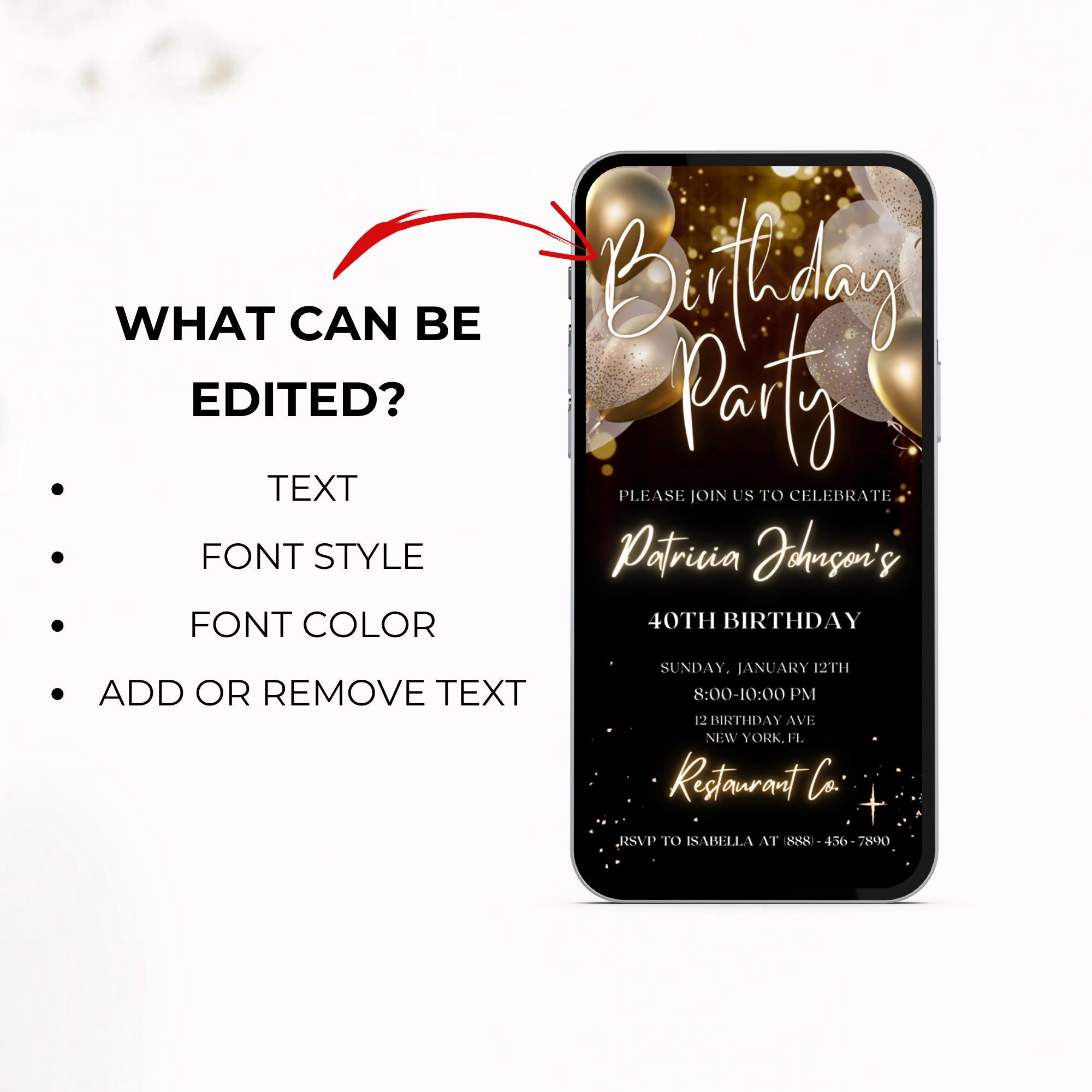 Editable Black and Gold Birthday Party Invitation Template Digital ...