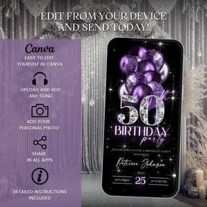 May include: Purple and silver 50th birthday party invitation with balloons, glitter, and text that says "50th Birthday Party" and "Patricia Johnson".