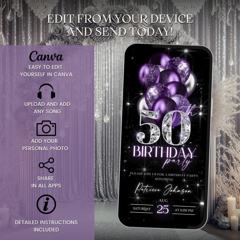 May include: Purple and silver 50th birthday party invitation with balloons, glitter, and text that says "50th Birthday Party" and "Patricia Johnson".